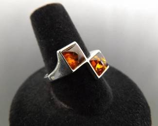 .925 Sterling Silver Baltic Amber Cabochons Ring Size 8
