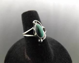 .925 Sterling Silver Malachite Cabochon Navajo Ring Size 6