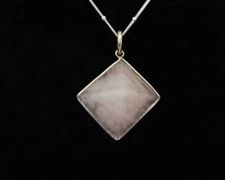 .925 Sterling Silver Rose Quartz Pyramid Pendant Necklace