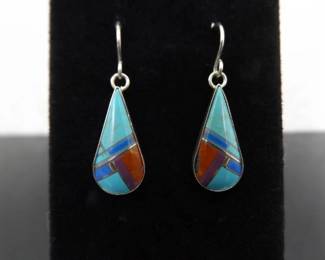 .925 Sterling Silver Multi Colored Inlayed Stone Hopi Dangle Hook Earrings