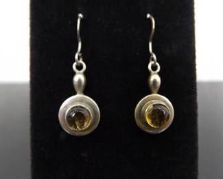 .925 Sterling Silver Citrine Cabochon Dangle Hook Earrings