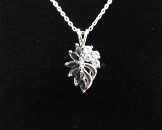 .925 Sterling Silver Black Sapphire Crystal Leaf Pendant Necklace