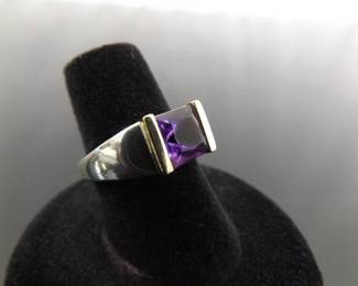 .925 Sterling Silver 14k Yellow Gold Collar Amethyst Ring Size 6