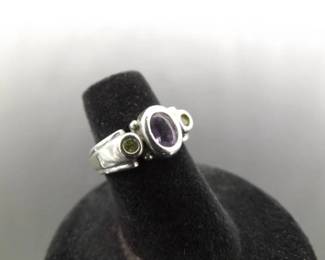 .925 Sterling Silver Amethyst and Peridot Ring Size 5