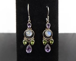 .925 Sterling Silver Peridot, Moonstone, and Amethyst Dangle Hook Earrings