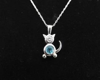 .925 Sterling Silver Topaz Cat Pendant Necklace