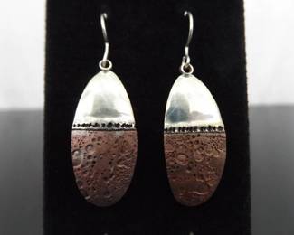 .925 Sterling Silver Artist Signed Copper Shield Dangle Hook Earrings