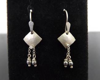 .925 Sterling Silver Diamond Accented Designed Hematite Dangle Hook Earrings
