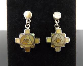 .925 Sterling Silver Inlayed Mother of Pearl Peruvian Chakana Dangle Post Earrings