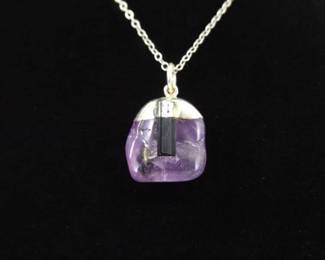 .925 Sterling Silver Semi Polished Raw Amethyst Pendant Necklace