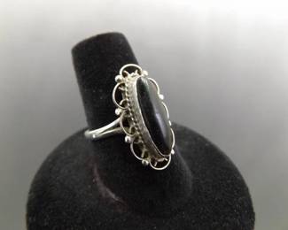 .925 Sterling Silver Black Onyx Cabochon Ring Size 7