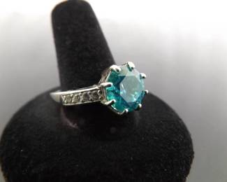 .925 Sterling Silver Aquamarine Crystal Ring Size 11