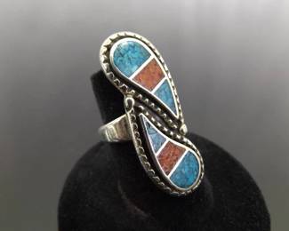 .925 Sterling Silver Inlayed Turquoise and Coral Yin Yang Ring Size 6.25
