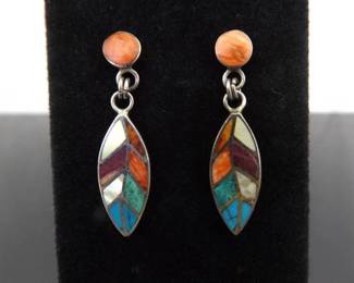 .925 Sterling Silver Multi Colored Inlayed Stone Hopi Dangle Hook Earrings