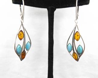 .925 Sterling Silver Amber, Howlite and Cats Eye Hinged Latch Dangle Earrings