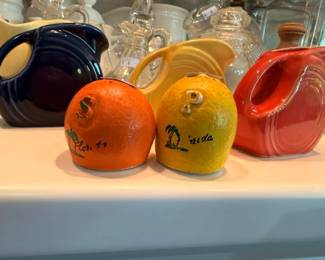 Florida souvenir ceramic fruit, Fiesta pitchers, vintage kitchen collectibles lot