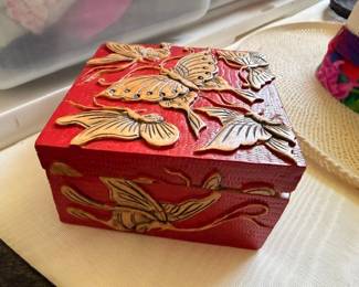 Red gold ornate jewelry box, butterfly floral metal embellishments, decorative trinket box
