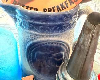 Antique blue stoneware embossed pitcher, vintage oil can spout, breakfast advertising sign