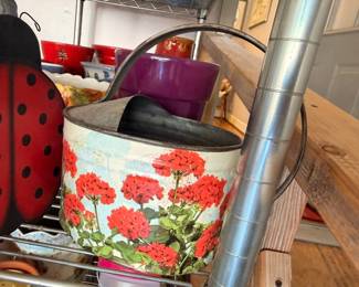 Hand-painted red poppy metal bucket, floral tin pail, vintage garden planter decor