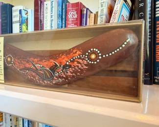 Painted feather art on wood plaque, Native American style, decorative wall hanging