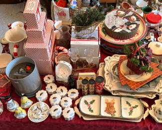 Christmas decor lot, holly pattern dishes, gift boxes, cookie tins, holiday ornaments, garland