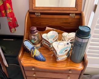 Wood jewelry chest with mirror, ceramic figurines, thermos, dresser top collectibles lot