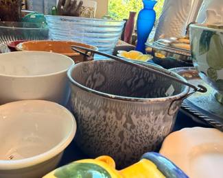 Vintage pottery collection, stoneware crock with handle, mixing bowls, ceramic kitchenware lot