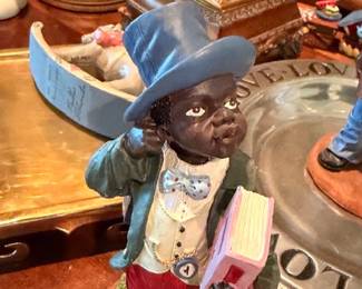 Large ceramic boy with cat figurine, painted pottery statue, vintage collectible figure