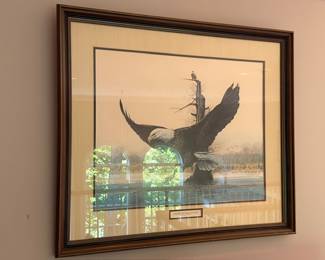 Framed bald eagle print, wings spread, wildlife wall art, dark wood frame