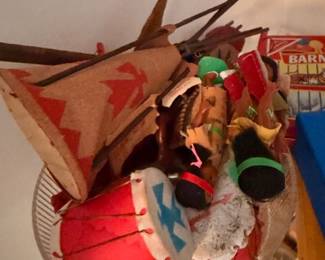 Native American themed figurines and canoe display, Western collectibles, folk art