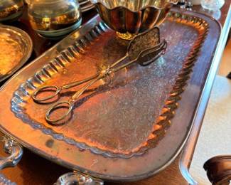 Silver-plated serving tray with grape shears, vintage silverplate tableware