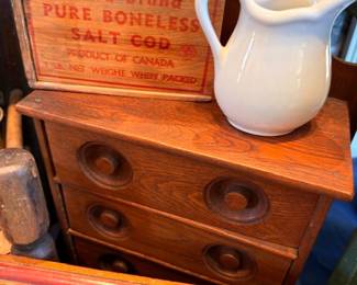 Vintage L.D.A. Brand Salt Cod wooden crate, white ironstone pitcher, antique spool cabinet