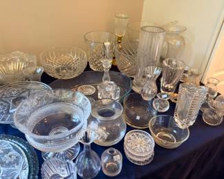 Cut crystal glass vases, bowls, pitchers, candy dishes, large glassware collection lot