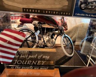 Harley Davidson motorcycle model on wood base, Journey quote sign, HD collectible display