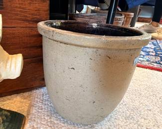 Large antique stoneware crock, salt-glazed pottery planter