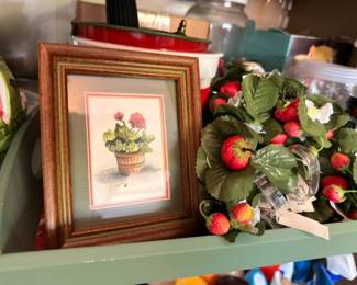 Framed geranium floral print, artificial strawberry arrangement, home decor lot
