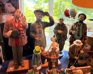 Emmett Kelly Jr clown figurines lot, balloons scarf poses, vintage collectible figures