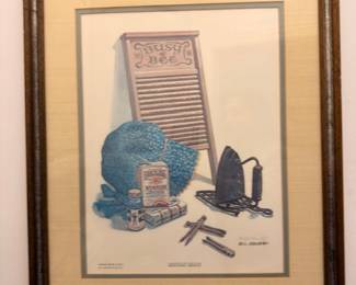 Signed framed vintage Americana illustration print, matted wall art