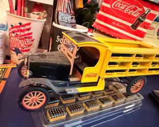 Coca-Cola vintage horse-drawn delivery wagon die-cast model, yellow Coke toy truck collectible