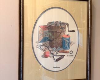 Signed framed illustration print, oval mat, vintage still life wall art