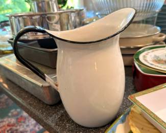 Vintage white enamelware pitcher, black trim, farmhouse decor, kitchen collectible