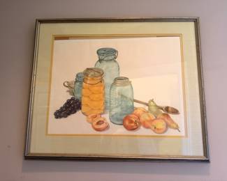 Framed still life print with mason jars and fruit, matted wall art