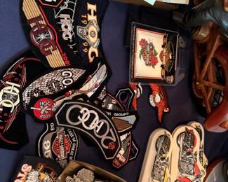 Harley Davidson patches pins belt buckles collection, biker memorabilia, HD accessories lot