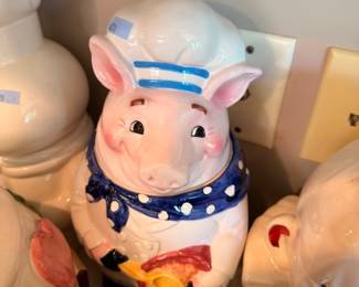 Ceramic pig cookie jar, chef hat, polka dot outfit, kitchen collectible figurine