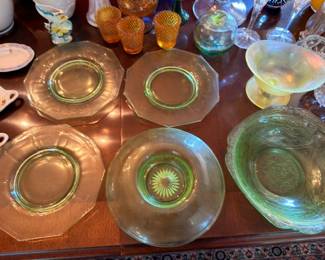Green depression glass plates and bowls, amber glass, vintage collectible glassware lot