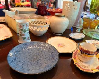 Assorted vintage china, white ceramic pitchers, amber glass, decorative pottery and dishware lot