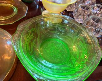 Green uranium vaseline glass bowl, vintage depression glass, collectible glassware