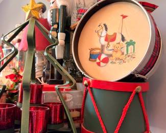 Vintage nutcracker, toy drum, gold star tree topper, Christmas collectibles