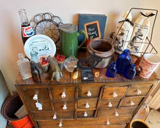 Apothecary cabinet top, blue bottles, Pepsi bottle, pottery, green pitcher, vintage collectibles lot
