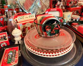 Coca-Cola wire bottle carrier with mini bottles, Coke plates, dishes, advertising collectibles